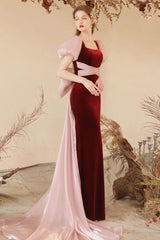 Burgundy Prom Dress Mermaid Velvet Long Formal Evening Dress