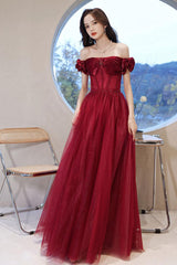 Burgundy Prom Dress Off the Shoulder Tulle Long Evening Dress