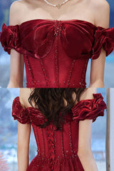Burgundy Prom Dress Off the Shoulder Tulle Long Evening Dress