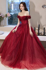 Burgundy Prom Dress Off the Shoulder Tulle Long Evening Dress