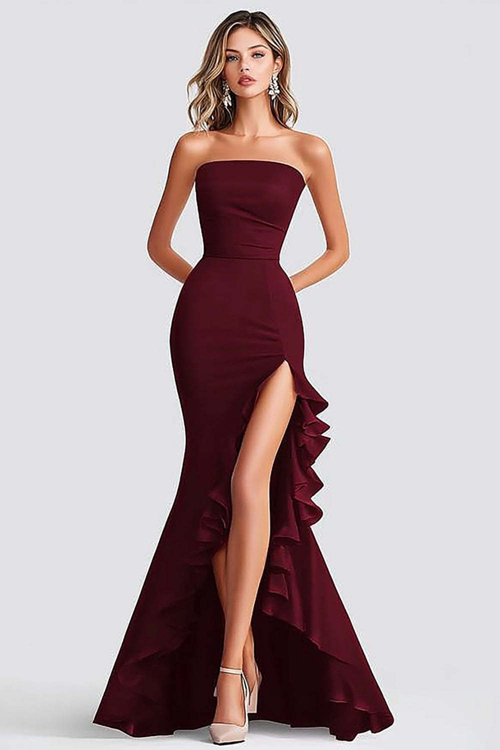 Burgundy Prom Dress Satin Mermaid Strapless Ruffled Long Formal Dress With Slit