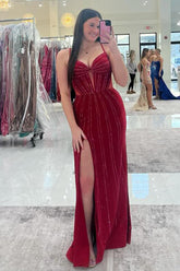 Burgundy Prom Dress Spaghetti Straps Memriad Long Formal Dress With Slit