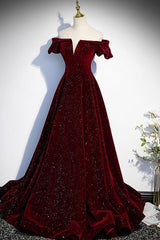 Burgundy Prom Dress Velvet Beaded Long Evening Dress
