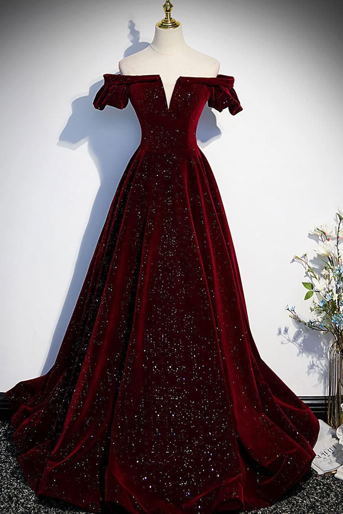 Burgundy Prom Dress Velvet Beaded Long Evening Dress