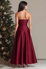 Burgundy Satin Sweetheart A Line Long Prom Dress
