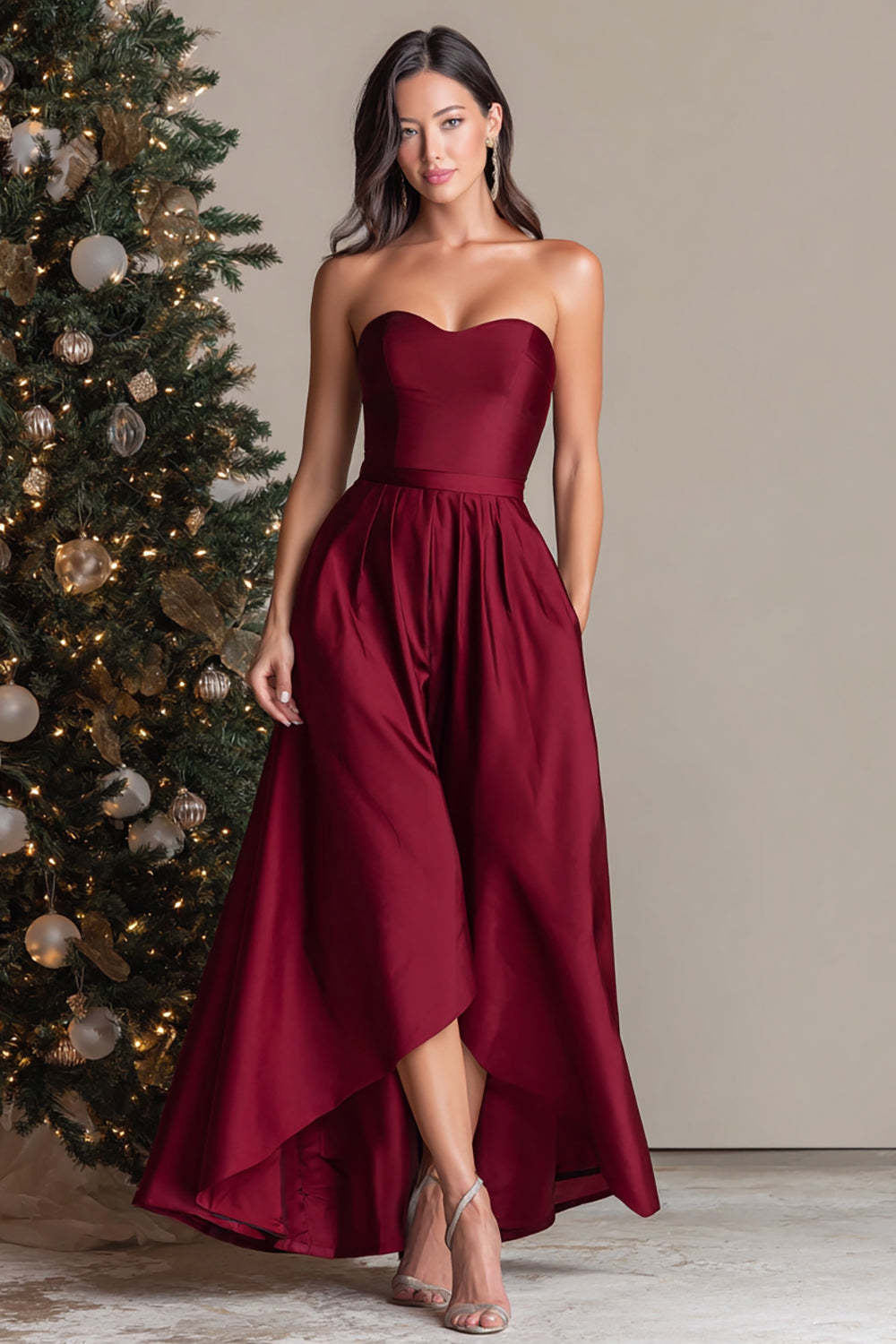Burgundy Satin Sweetheart A Line Long Prom Dress