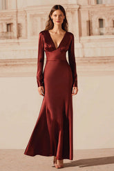 Burgundy Satin V-Neck Mermaid Long Sleeves Evening Dress With Ruffles