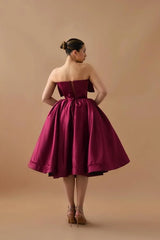 Burgundy Strapless Graduation Dress A Line Satin Tea Length Formal Dresses
