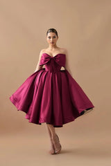 Burgundy Strapless Graduation Dress A Line Satin Tea Length Formal Dresses