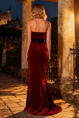 Burgundy Strapless Mermaid Long Velvet Holiday Party Dress With Bow