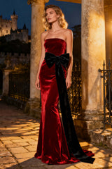 Burgundy Strapless Mermaid Long Velvet Holiday Party Dress With Bow