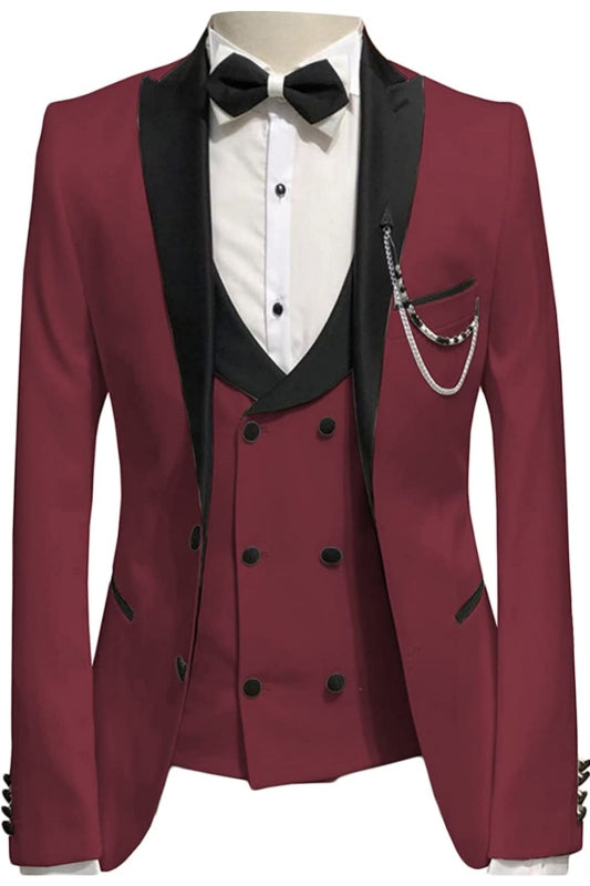 Burgundy Three Piece Peaked Lapel Prom Suit