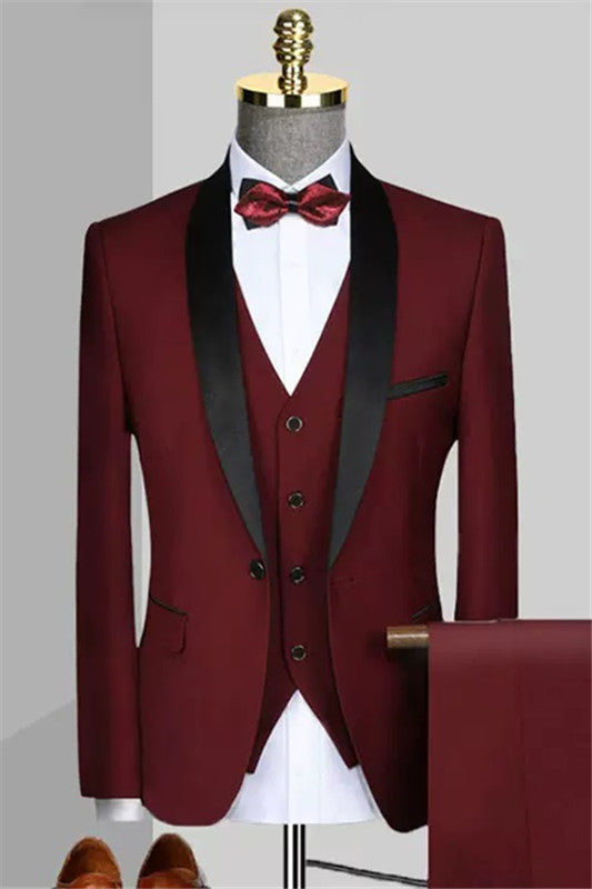 Burgundy Three Piece Shawl Lapel Wedding Suit