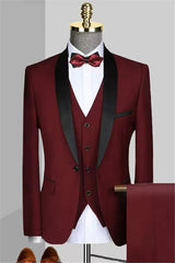 Burgundy Three Piece Shawl Lapel Wedding Suit