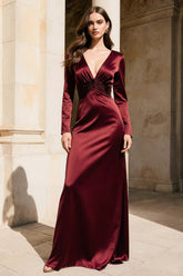 Burgundy V-Neck Mermaid Long Satin Evening Dress With Sleeves