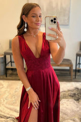 Burgundy V Neck Prom Dress Backless Long A Line Evening Dress with Lace