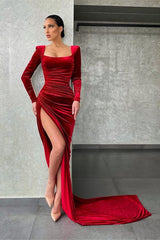 Burgundy Velvet Dress Long Sleeve Mermaid Evening Dress