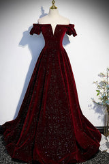 Burgundy Velvet Evening Dress Beaded Long Christmas Party Dress