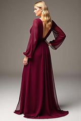 Burgundy Wedding Guest Dress Chiffon V-Neck Ruched Long Formal Dress