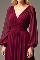 Burgundy Wedding Guest Dress Chiffon V-Neck Ruched Long Formal Dress