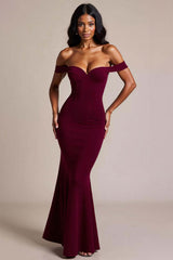 Burgundy Wedding Guest Dress Crepe Mermaid Off The Shoulder Long Evening Dress