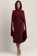 Burgundy Wedding Guest Dress High Neck Sheath Formal Dress With Shawl