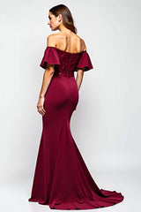 Burgundy Wedding Guest Dress Mermaid Off The Shoulder Long Formal Dress With Ruffles