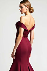 Burgundy Wedding Guest Dress Mermaid Off The Shoulder Long Formal Dress With Sequins