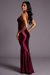 Burgundy Wedding Guest Dress Mermaid Satin Spaghetti Straps Long Evening Dress With Lace