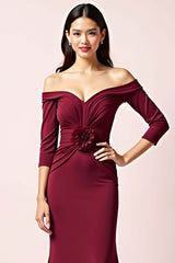 Burgundy Wedding Guest Dress Off The Shoulder Long Sleeves Ruched Formal Dress