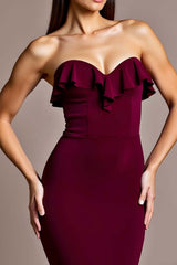 Burgundy Wedding Guest Dress Satin Mermaid Backless Strapless Evening Dress