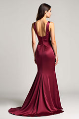 Burgundy Wedding Guest Dress Sheath Ruched Backless Long Formal Dress
