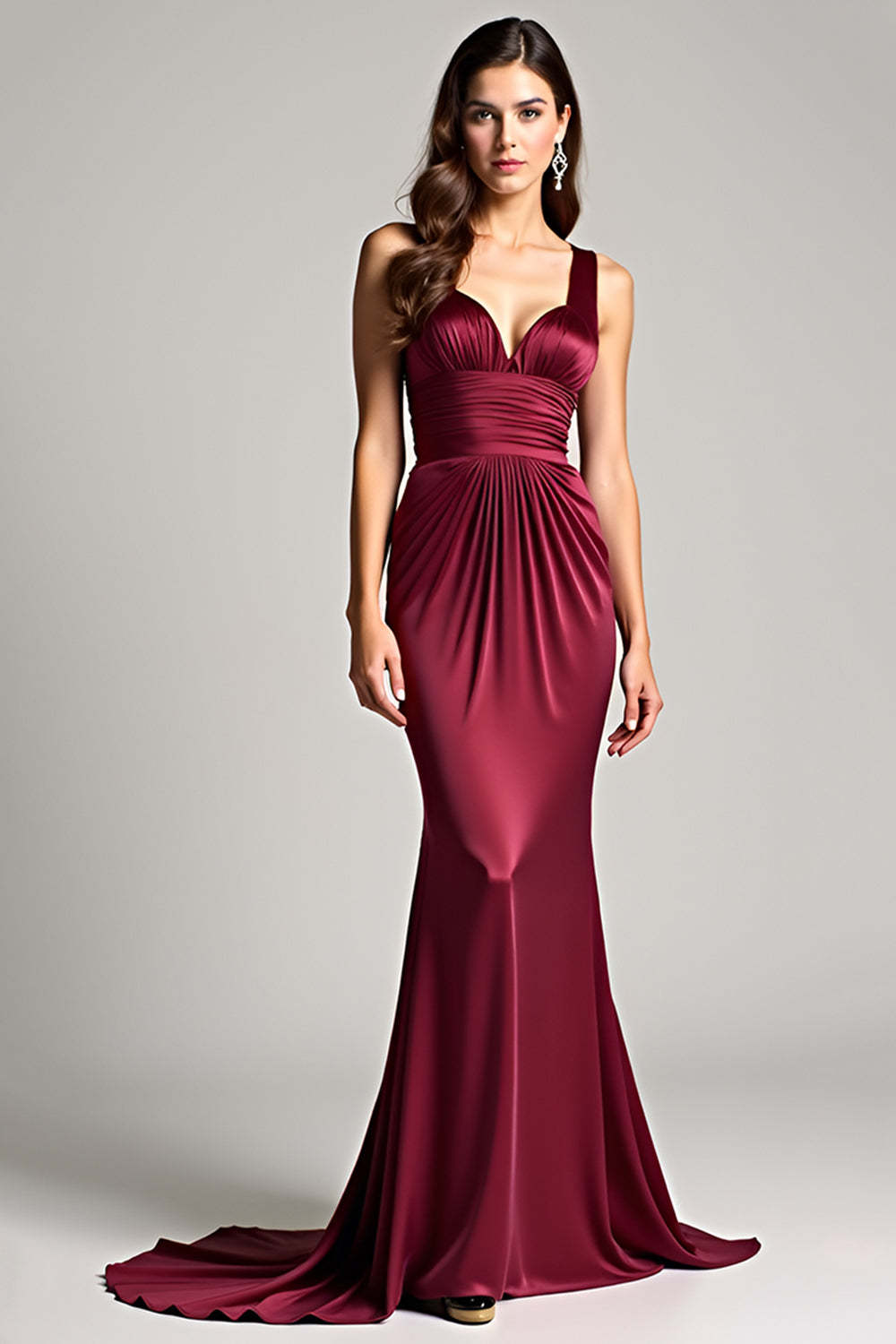 Burgundy Wedding Guest Dress Sheath Ruched Backless Long Formal Dress