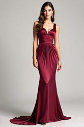 Burgundy Wedding Guest Dress Sheath Ruched Backless Long Formal Dress