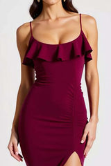 Burgundy Wedding Guest Dress Spaghetti Straps Mermaid Crepe Long Evening Dress With Slit