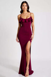 Burgundy Wedding Guest Dress Spaghetti Straps Mermaid Crepe Long Evening Dress With Slit
