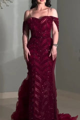 Burgundy Off The Shoulder Prom Dress Ruffled Beaded Sheath/Column Formal Dress
