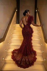 Burgundy One Shoulder Prom Dress Mermaid Sequined Formal Evening Dress with 3D Flowers