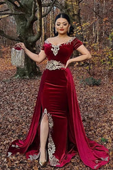 Dreamyannie Burgundy Velvet Christmas Party Dress Appliques Short Sleeve Formal Dress