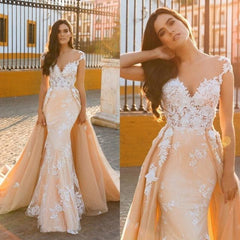Cap Sleeve Sweetheart Mermaid Wedding Dress with Lace Appliques and Panel Train