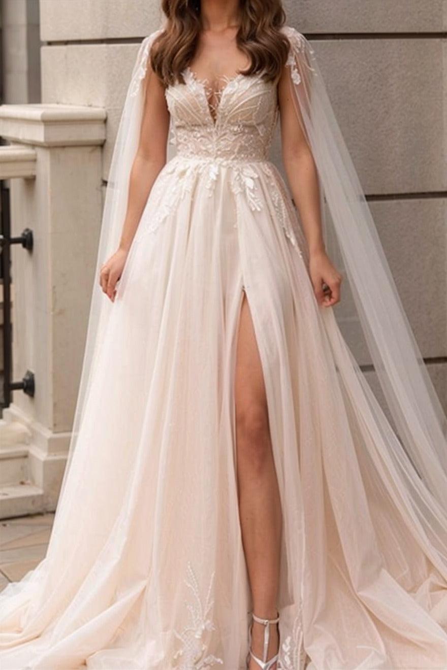 Champagne A Line Beach Wedding Dress V Neck Bridal Dress with Watteau Train