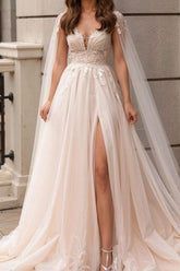 Champagne A Line Beach Wedding Dress V Neck Bridal Dress with Watteau Train