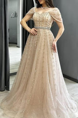 Champagne A Line Prom Dress Off the Shoulder Beaded Evening Dress