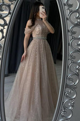 Champagne A Line Prom Dress Off the Shoulder Beaded Evening Dress