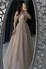 Champagne A Line Prom Dress Off the Shoulder Beaded Evening Dress