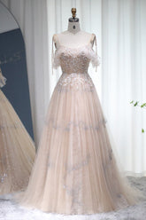 Champagne A Line Prom Dress Spaghetti Straps Evening Dress With Lace Appliques