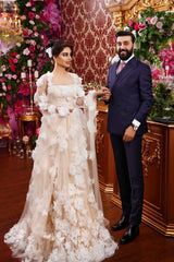 Champagne Beach Wedding Dress A Line Square Beaded Illusion Sleeves Sequined Tulle Bridal Gown With 3D Flowers