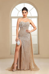 Champagne Beaded Formal Dress Strapless Sheath Prom Wedding Party Dress with Panel Train