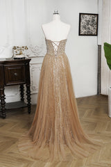 Champagne Beaded Formal Dress Strapless Sheath Wedding Party Dress with Panel Train