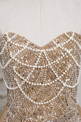 Champagne Beaded Formal Dress Strapless Sheath Wedding Party Dress with Panel Train